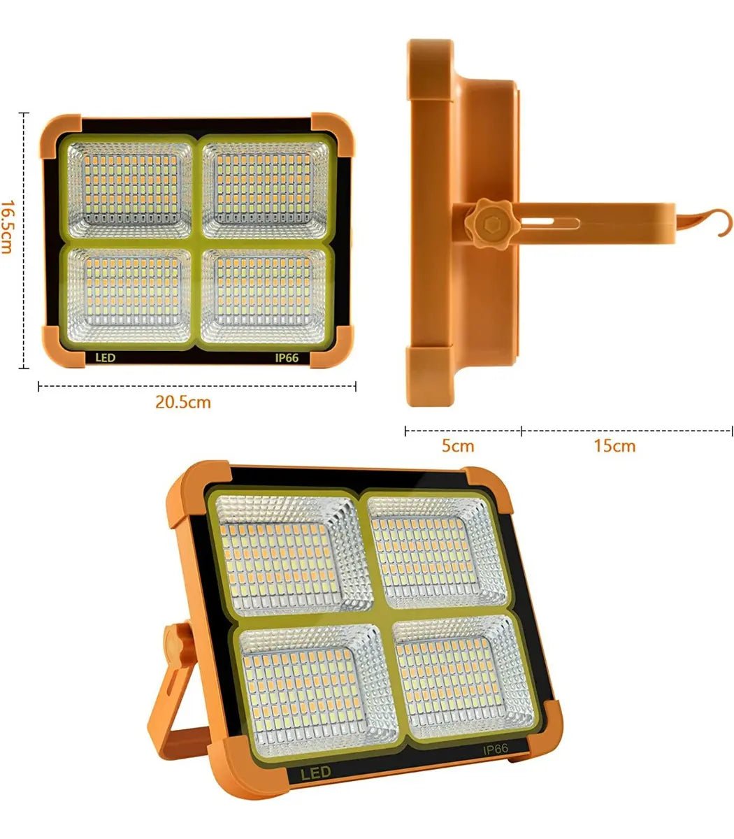 Foco LED solar recargable 100W con 336 LEDs, USB-C, batería 12500mAh y resistencia IP66 para exteriores.