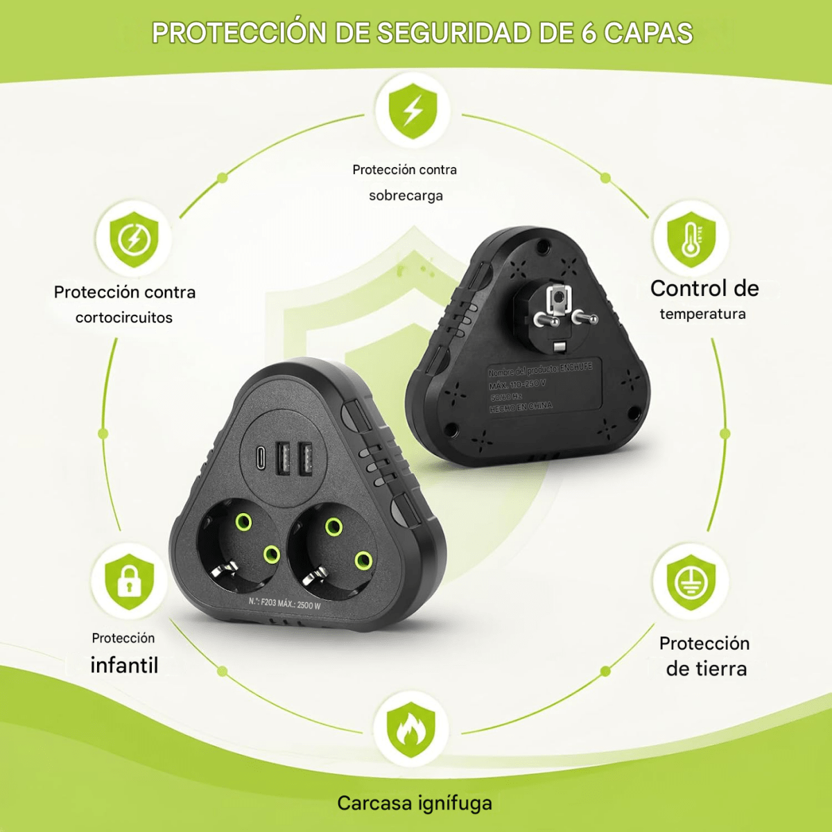 Adaptador SHUKO 5 en 1 con 2 tomas y puertos USB - InnovaHome