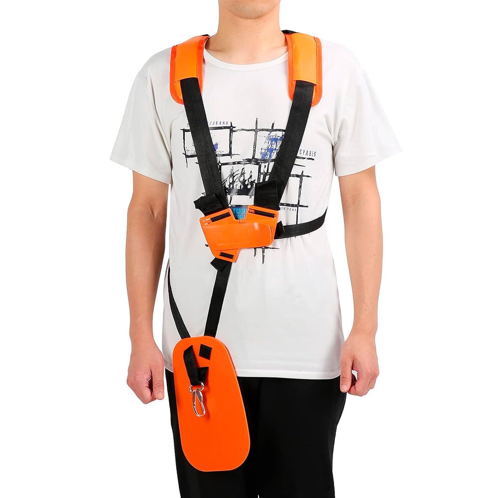 Arnés universal para desmalezadora y bordeadora con correas acolchadas ajustables para mayor comodidad y soporte.