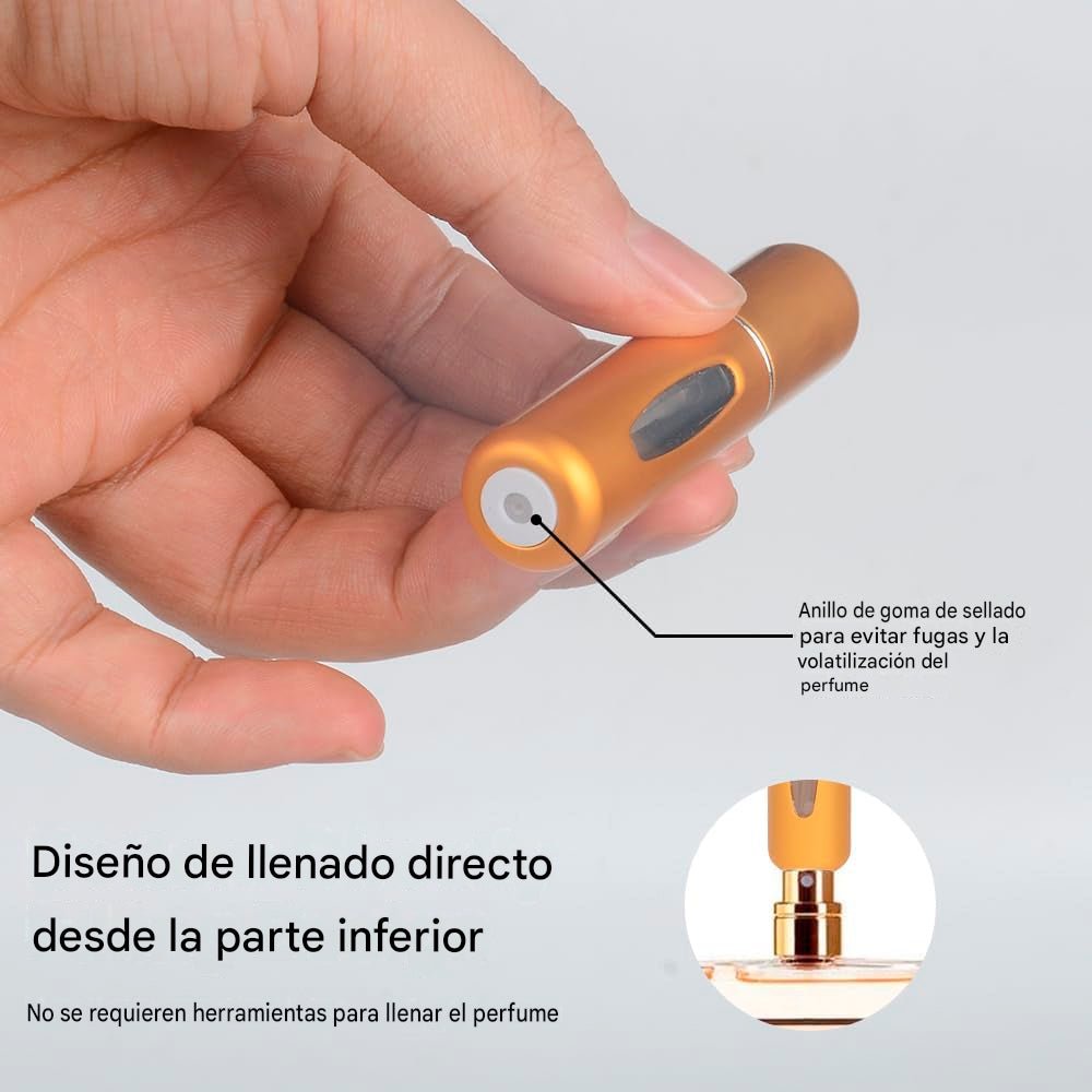 Atomizador porta perfume recargable de 5 ml con cuerpo metálico y ventana para visualizar el nivel del perfume.