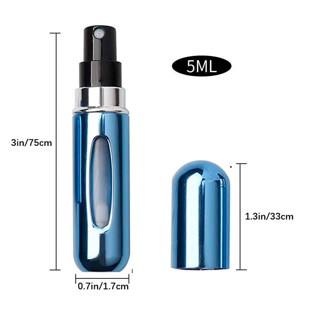 Atomizador porta perfume recargable de 5 ml con cuerpo metálico y ventana para visualizar el nivel del perfume.