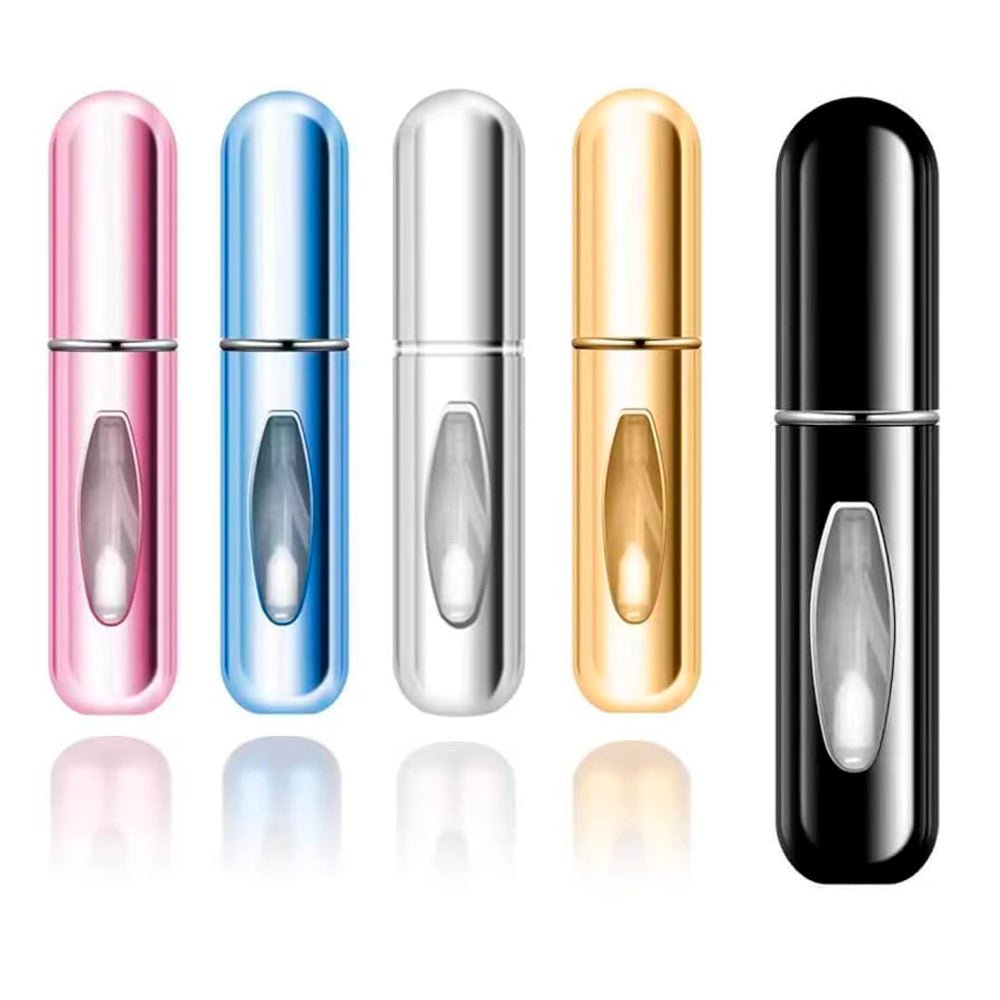 Atomizador porta perfume recargable de 5 ml con cuerpo metálico y ventana para visualizar el nivel del perfume.