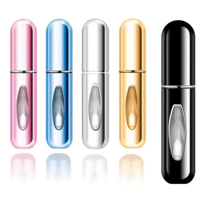 Atomizador porta perfume recargable de 5 ml con cuerpo metálico y ventana para visualizar el nivel del perfume.