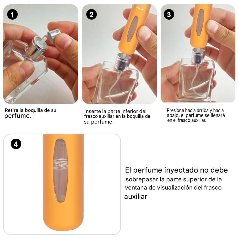 Atomizador porta perfume recargable de 5 ml con cuerpo metálico y ventana para visualizar el nivel del perfume.