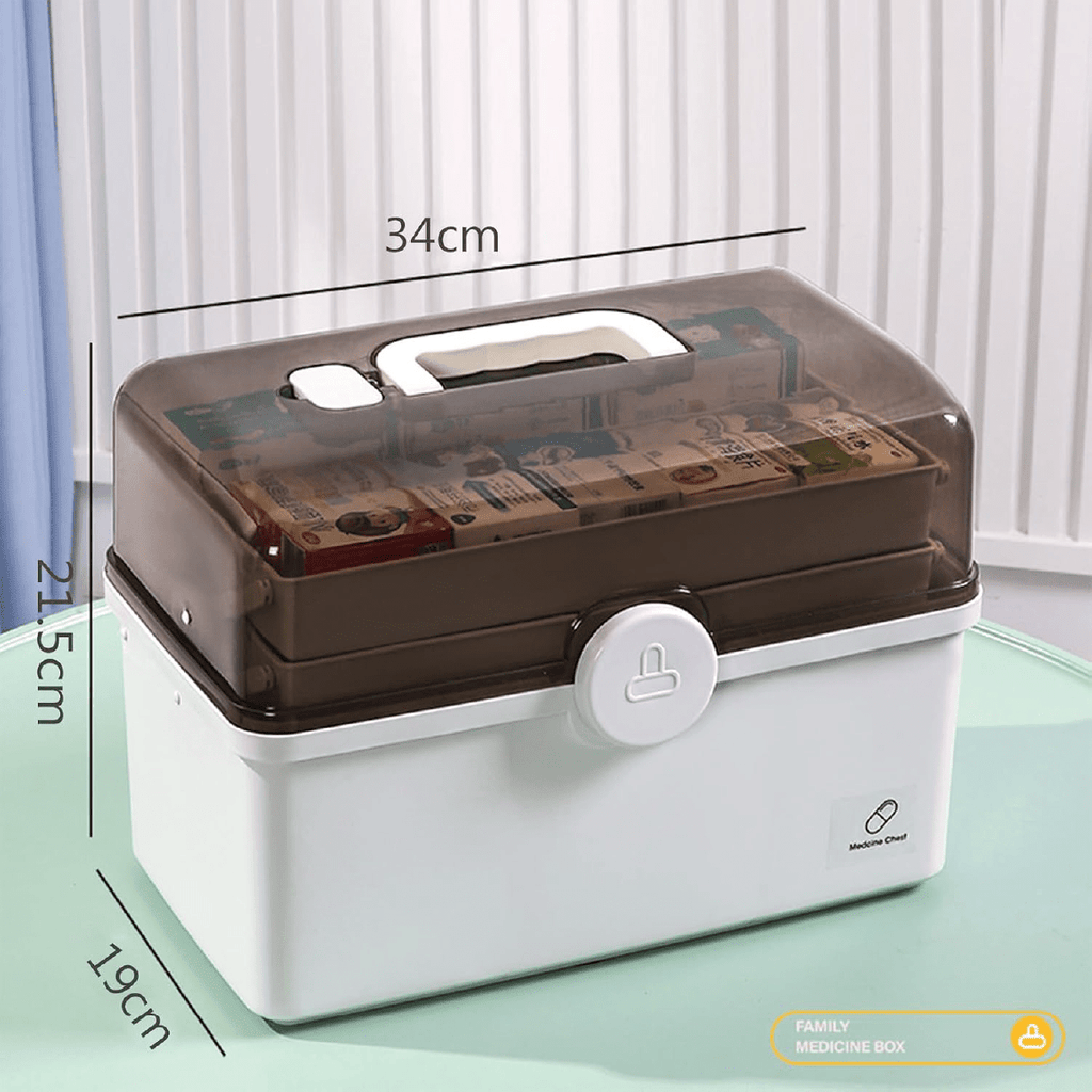 Botiquín organizador de medicamentos con 3 compartimentos de plástico resistente y tapa, medidas 34x19x23 cm.