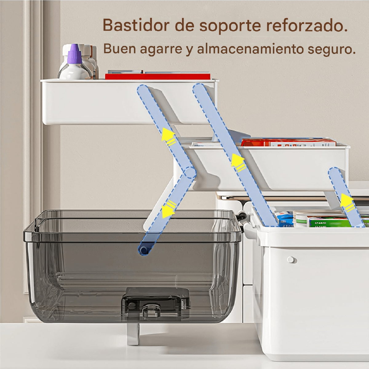 Botiquín organizador de medicamentos con 3 compartimentos de plástico resistente y tapa, medidas 34x19x23 cm.