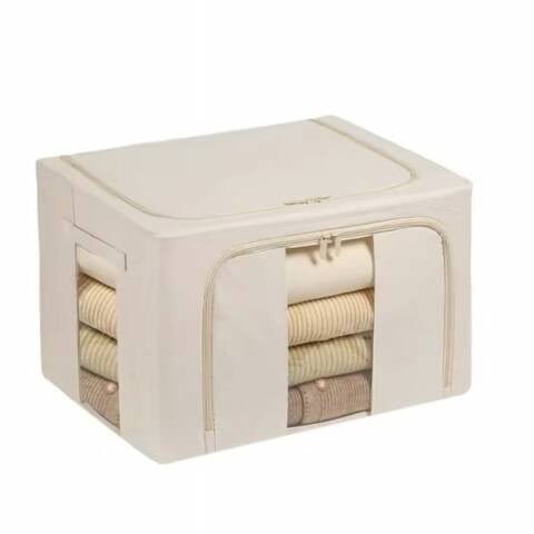 Caja organizadora de ropa plegable con estructura metálica, cierre y ventana transparente. Ideal para placard, textiles y almacenamiento del hogar.