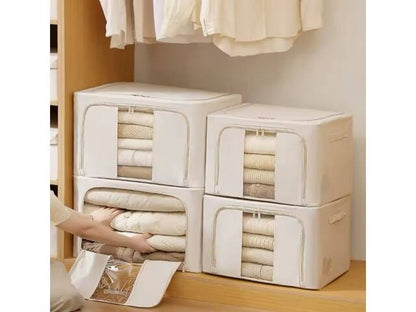 Caja organizadora de ropa plegable con estructura metálica, cierre y ventana transparente. Ideal para placard, textiles y almacenamiento del hogar.