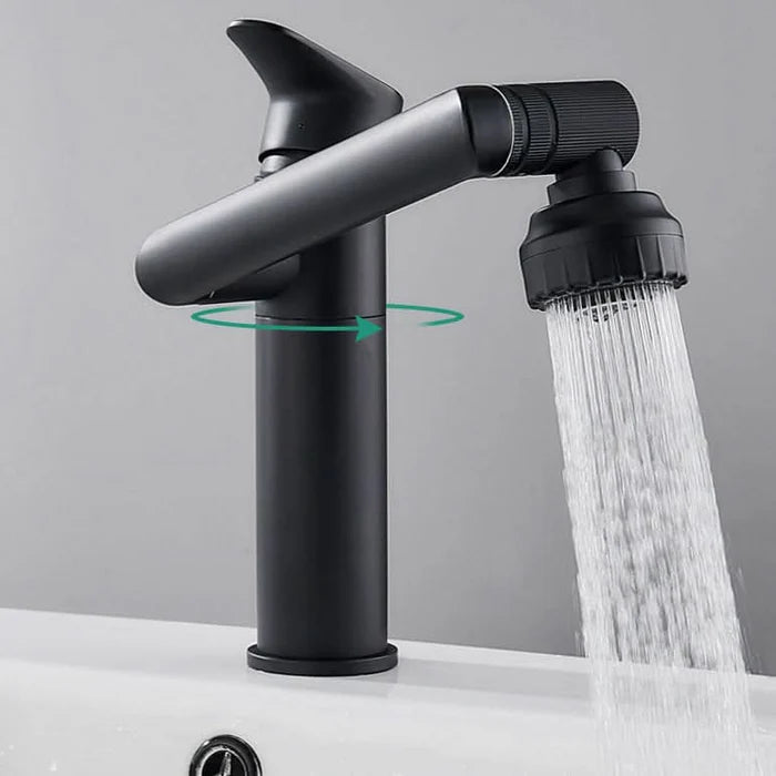 Canilla monocomando articulada 180° para cocina en acero inoxidable con doble chorro y control de agua fría y caliente.