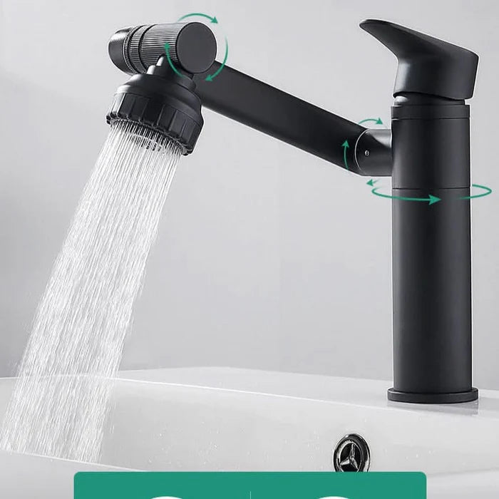 Canilla monocomando articulada 180° para cocina en acero inoxidable con doble chorro y control de agua fría y caliente.