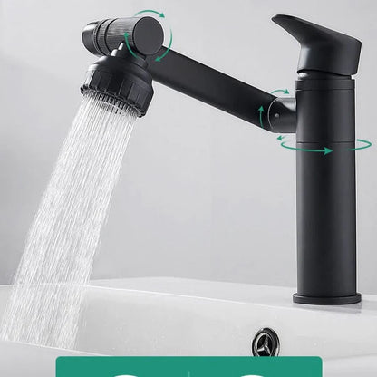 Canilla monocomando articulada 180° para cocina en acero inoxidable con doble chorro y control de agua fría y caliente.