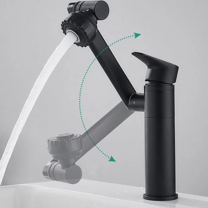 Canilla monocomando articulada 180° para cocina en acero inoxidable con doble chorro y control de agua fría y caliente.