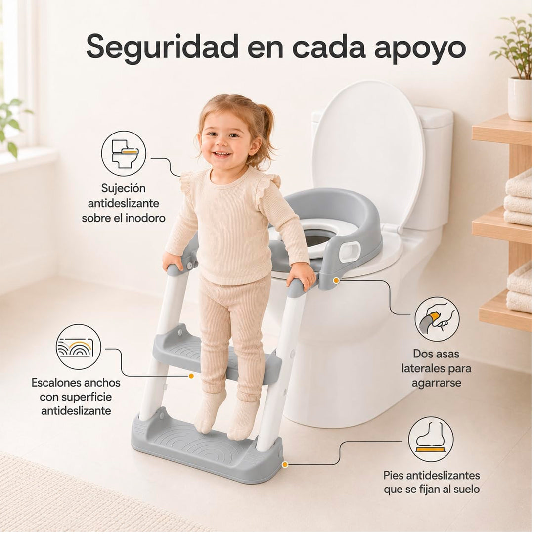 Asiento reductor de inodoro infantil con escalera ajustable, respaldo, asas y base antideslizante para niños.