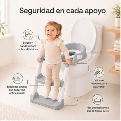 Asiento reductor de inodoro infantil con escalera ajustable, respaldo, asas y base antideslizante para niños.