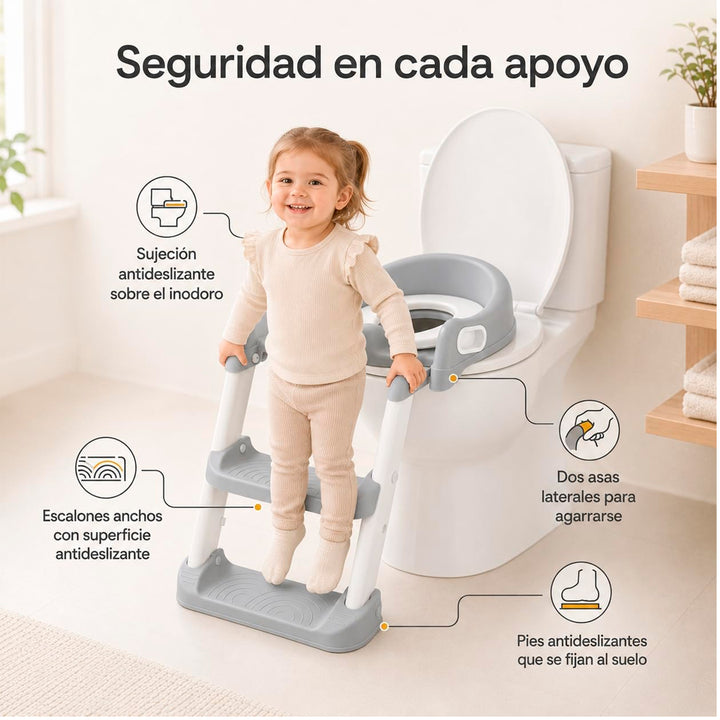Asiento reductor de inodoro infantil con escalera ajustable, respaldo, asas y base antideslizante para niños.