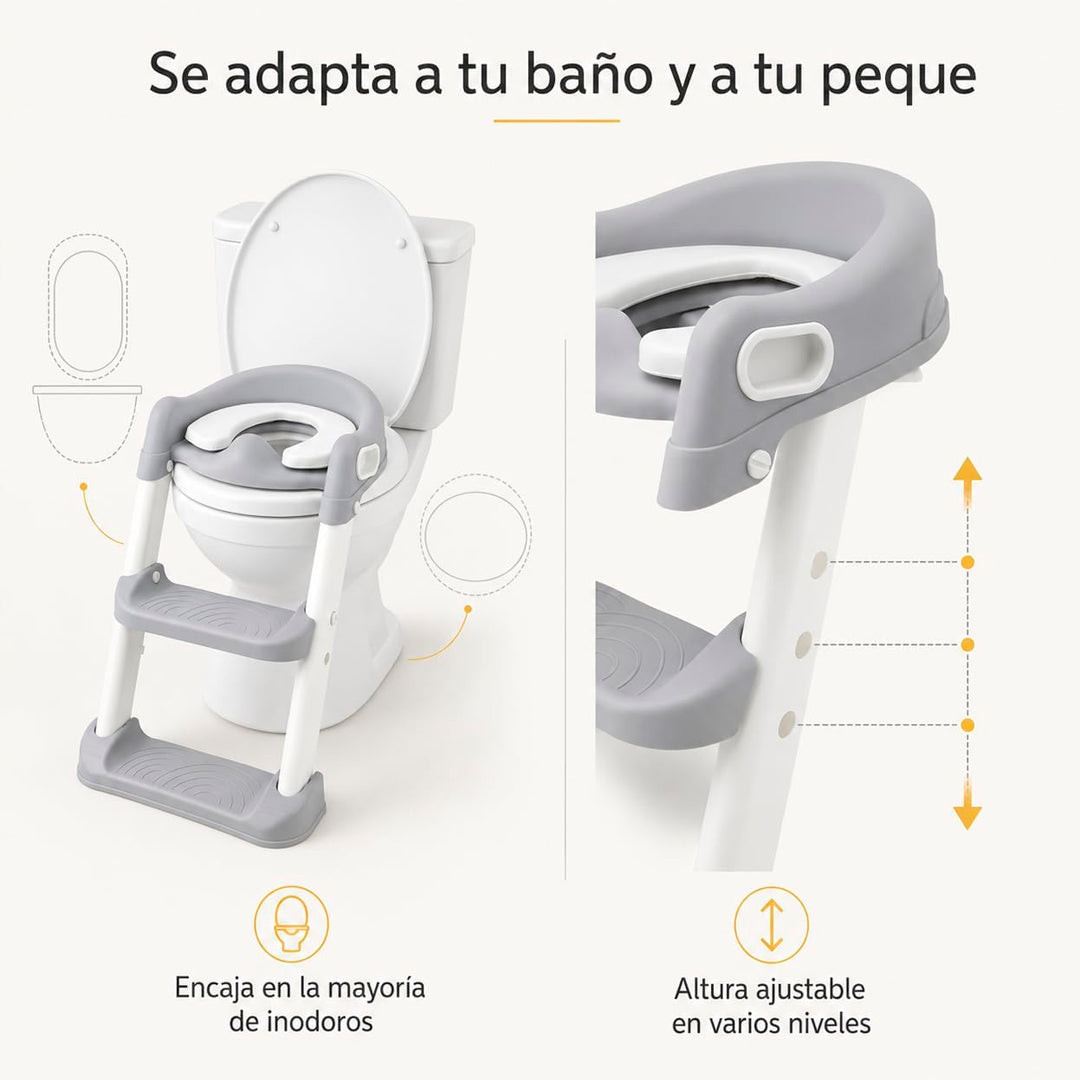 Asiento reductor de inodoro infantil con escalera ajustable, respaldo, asas y base antideslizante para niños.