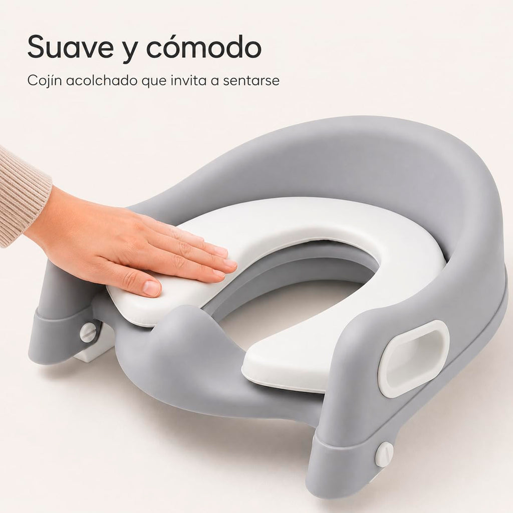 Asiento reductor de inodoro infantil con escalera ajustable, respaldo, asas y base antideslizante para niños.