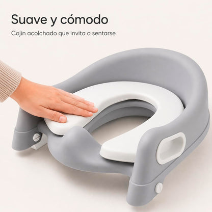 Asiento reductor de inodoro infantil con escalera ajustable, respaldo, asas y base antideslizante para niños.