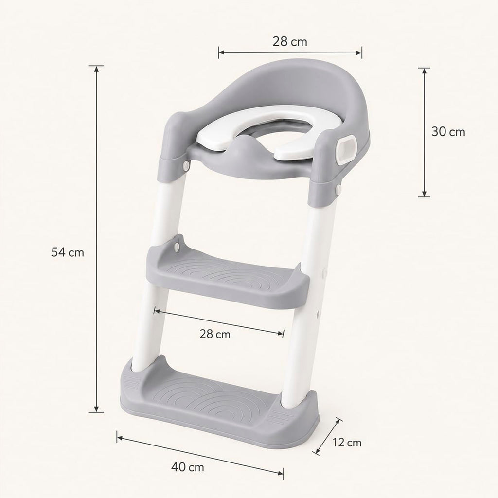 Asiento reductor de inodoro infantil con escalera ajustable, respaldo, asas y base antideslizante para niños.