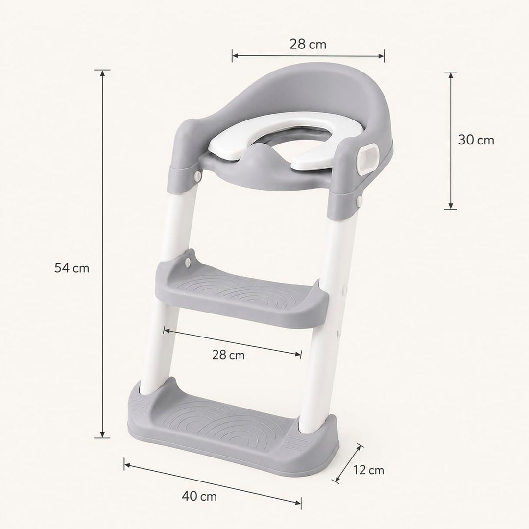 Asiento reductor de inodoro infantil con escalera ajustable, respaldo, asas y base antideslizante para niños.
