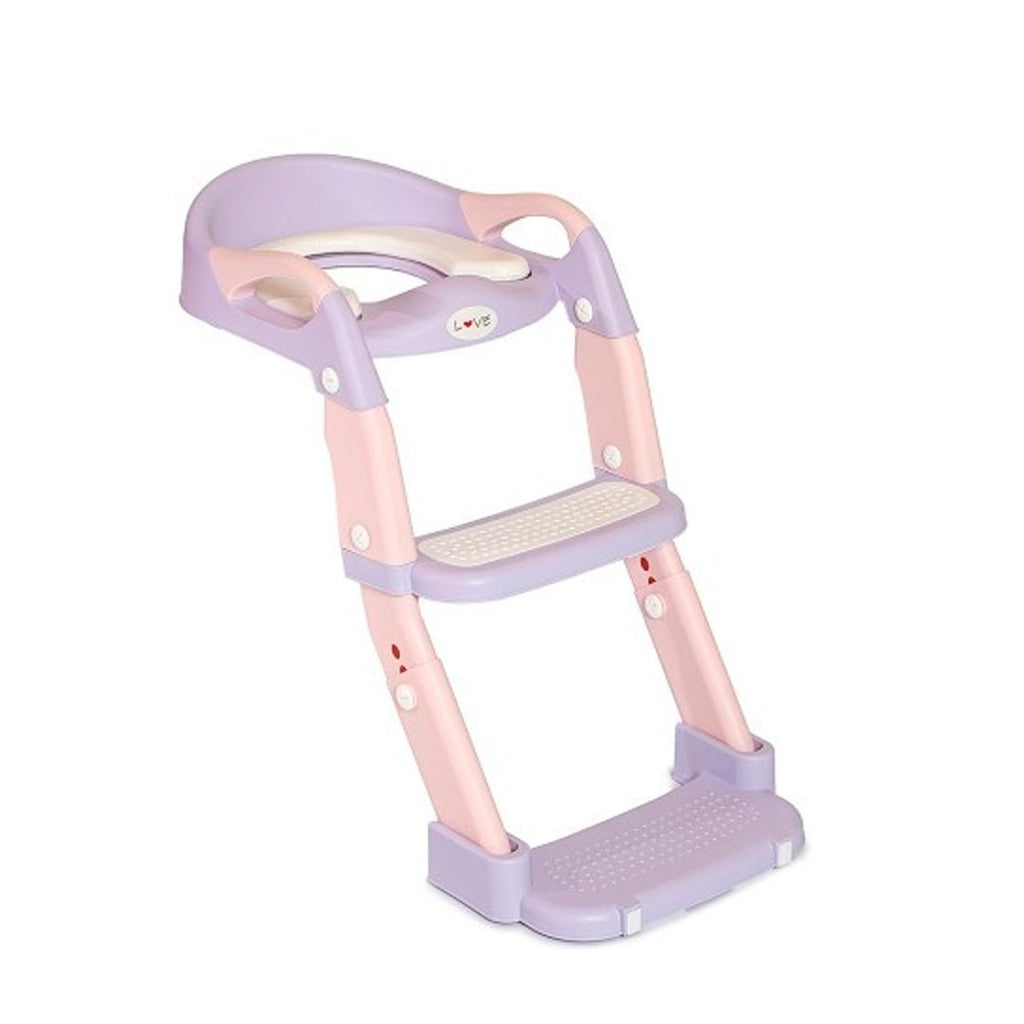 Asiento reductor de inodoro infantil con escalera ajustable, respaldo, asas y base antideslizante para niños.