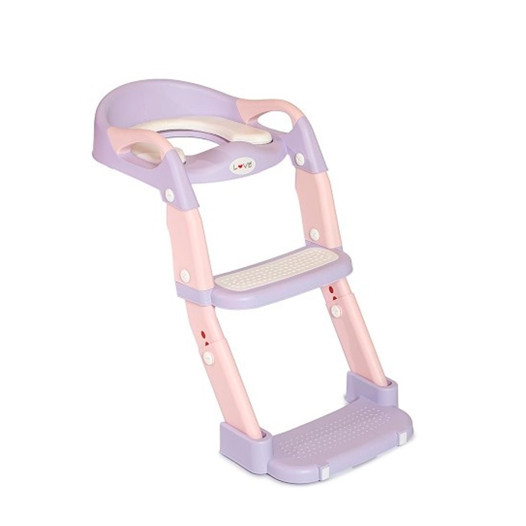Asiento reductor de inodoro infantil con escalera ajustable, respaldo, asas y base antideslizante para niños.