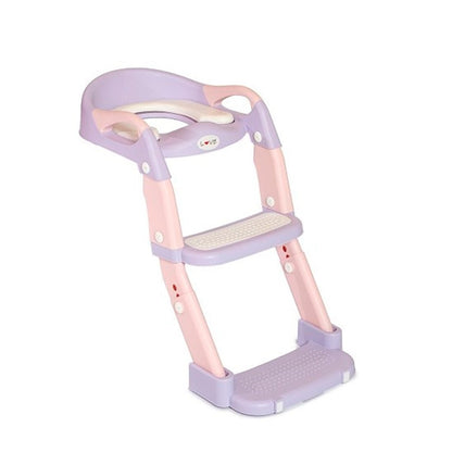 Asiento reductor de inodoro infantil con escalera ajustable, respaldo, asas y base antideslizante para niños.