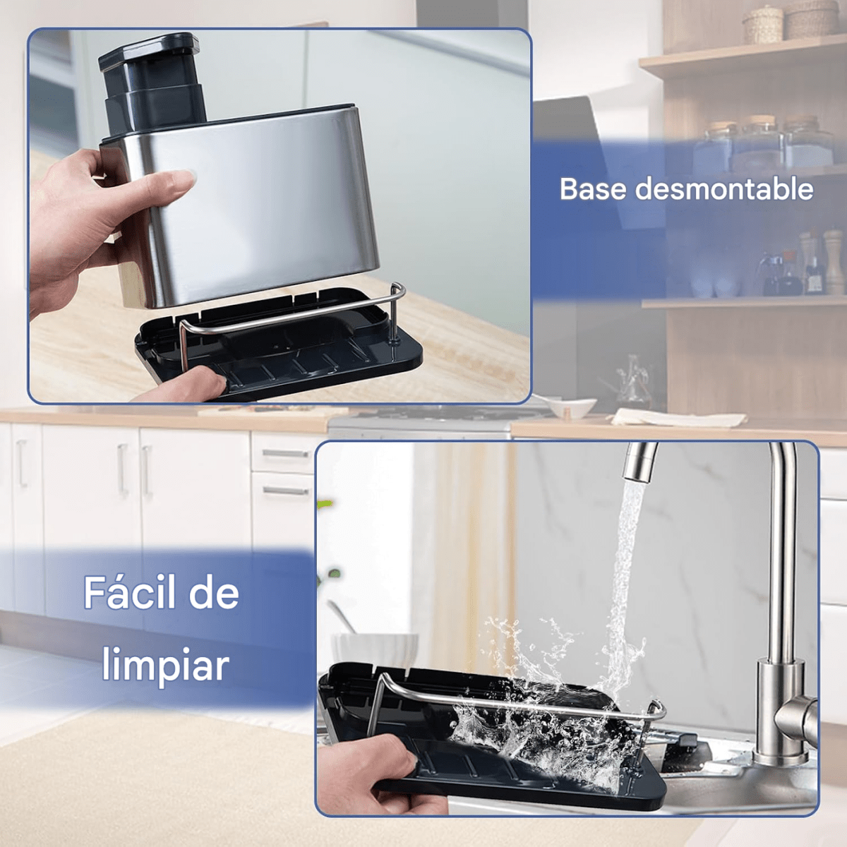 Dispensador de jabón 3 en 1 para cocina con porta esponja y cepillos. Acero inoxidable, drenaje y diseño organizador para fregadero.