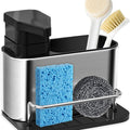 Dispensador de jabón 3 en 1 para cocina con porta esponja y cepillos. Acero inoxidable, drenaje y diseño organizador para fregadero.