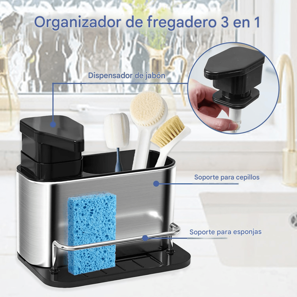 Dispensador de jabón 3 en 1 para cocina con porta esponja y cepillos. Acero inoxidable, drenaje y diseño organizador para fregadero.