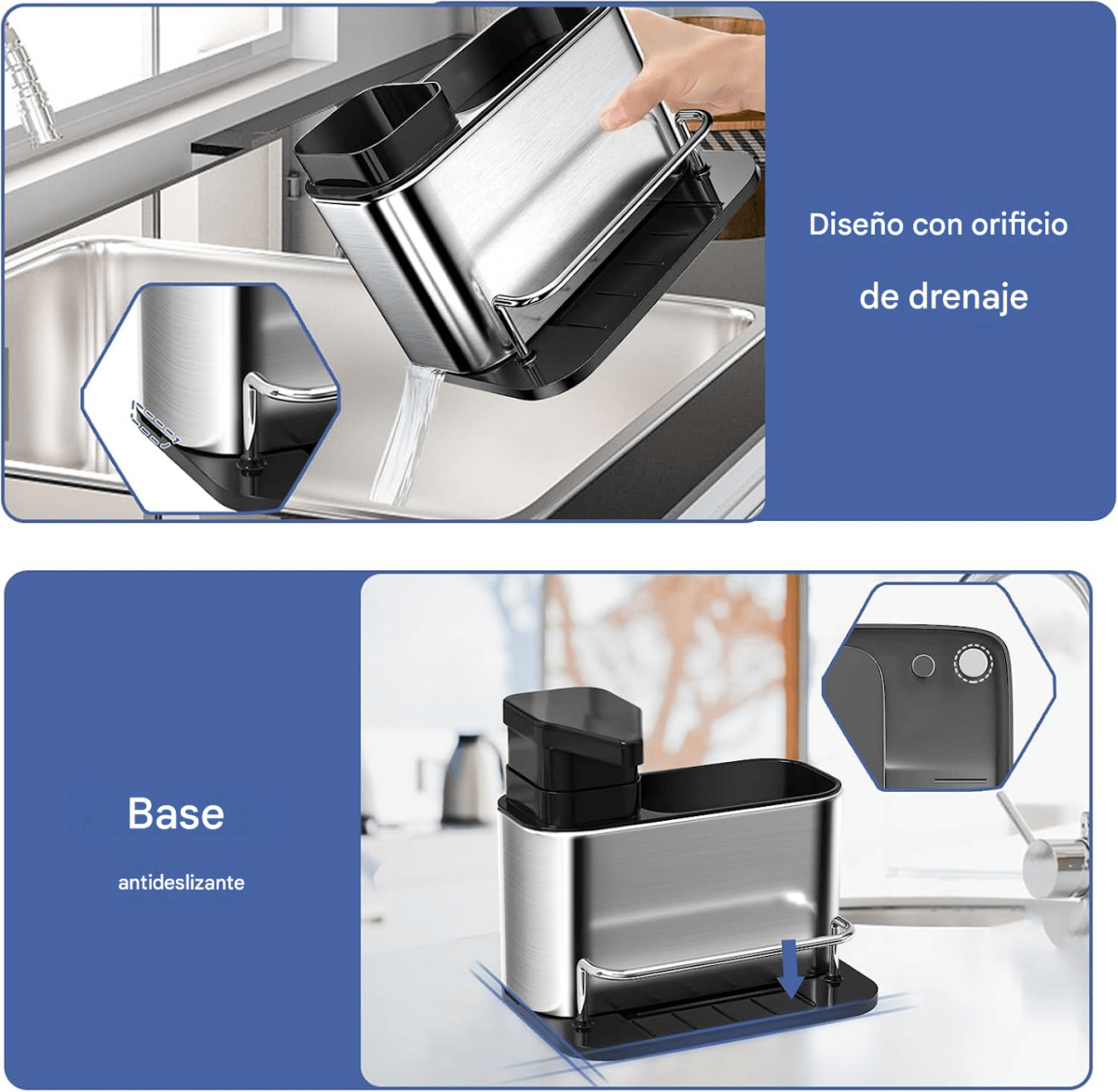 Dispensador de jabón 3 en 1 para cocina con porta esponja y cepillos. Acero inoxidable, drenaje y diseño organizador para fregadero.