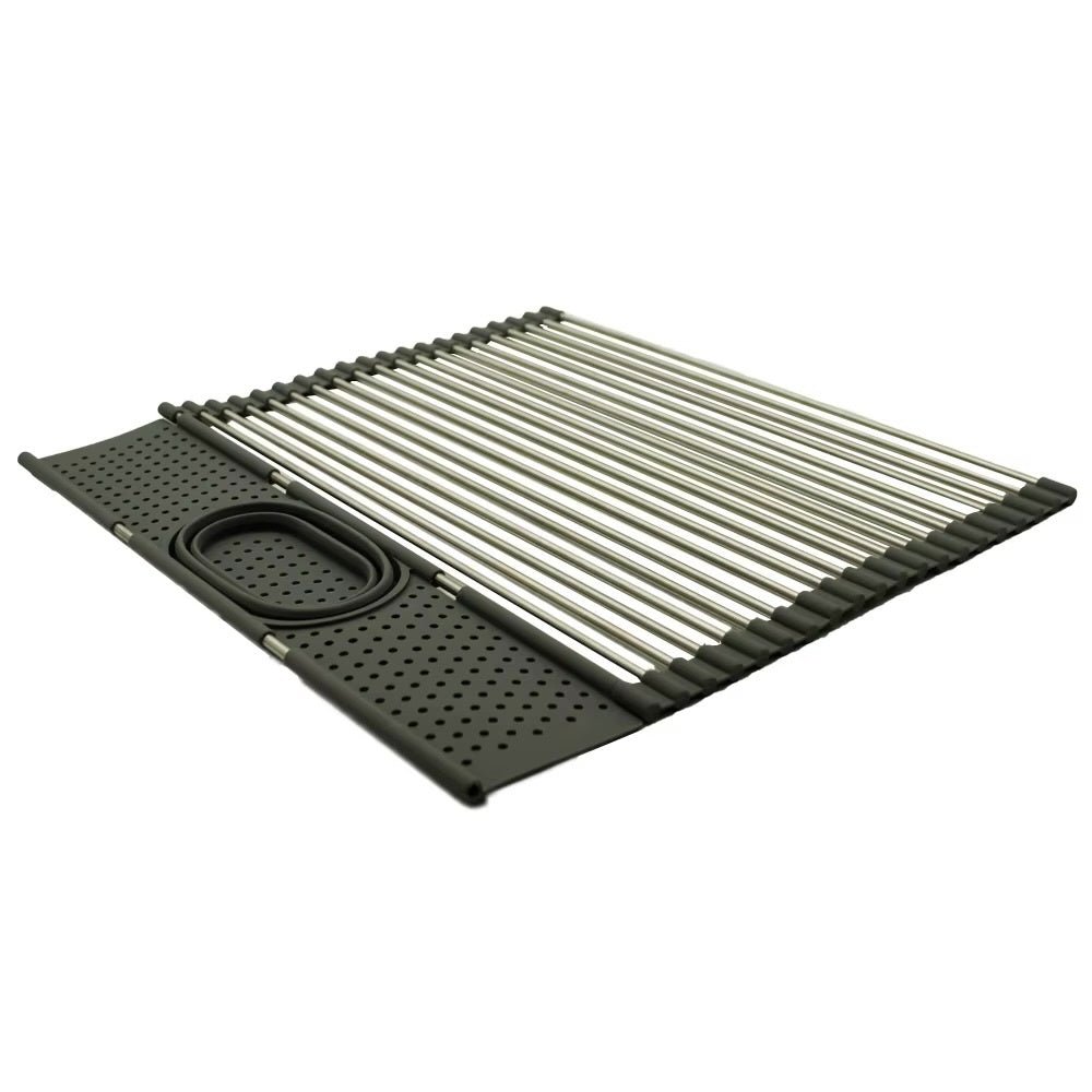 Escurridor enrollable para pileta de acero inoxidable con cubiertero plegable para frutas, verduras y utensilios de cocina.
