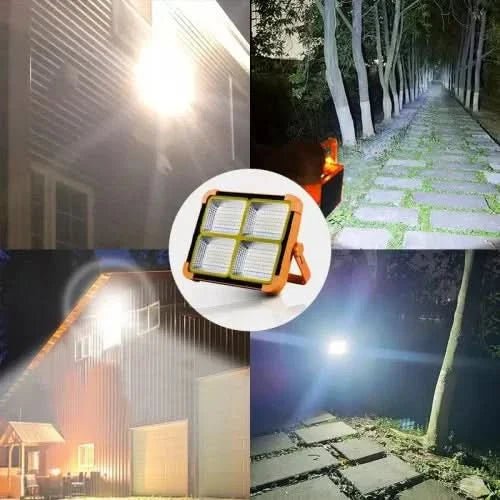 Foco LED solar recargable 100W con 336 LEDs, USB-C, batería 12500mAh y resistencia IP66 para exteriores.
