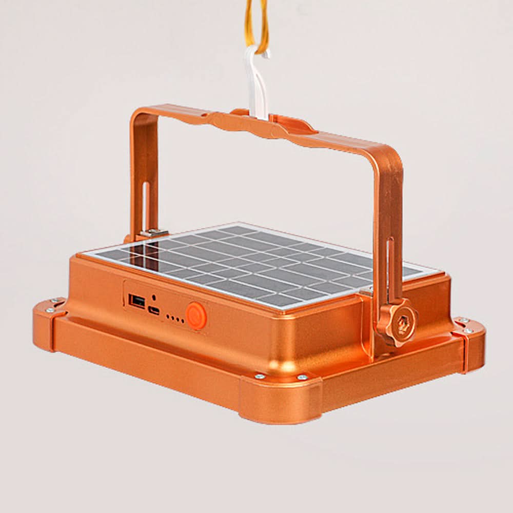 Foco LED solar recargable 100W con 336 LEDs, USB-C, batería 12500mAh y resistencia IP66 para exteriores.