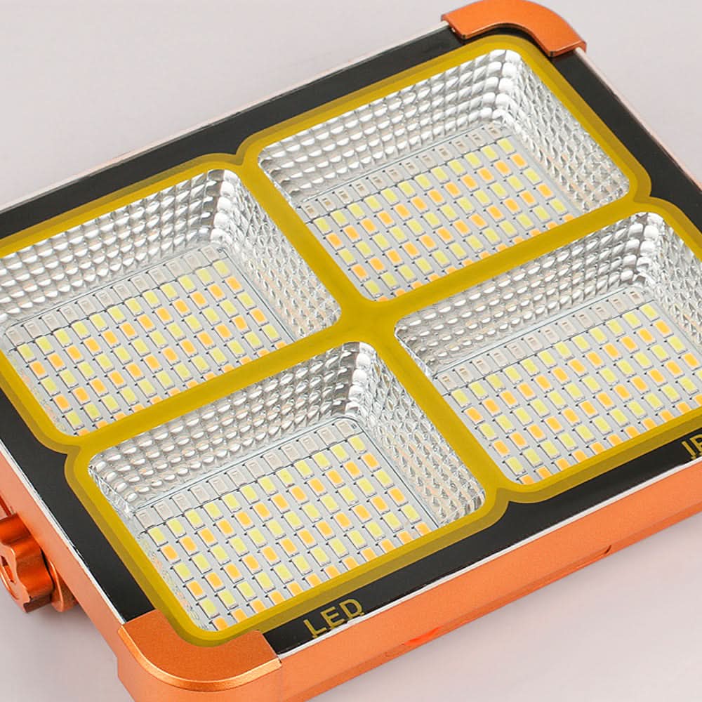 Foco LED solar recargable 100W con 336 LEDs, USB-C, batería 12500mAh y resistencia IP66 para exteriores.