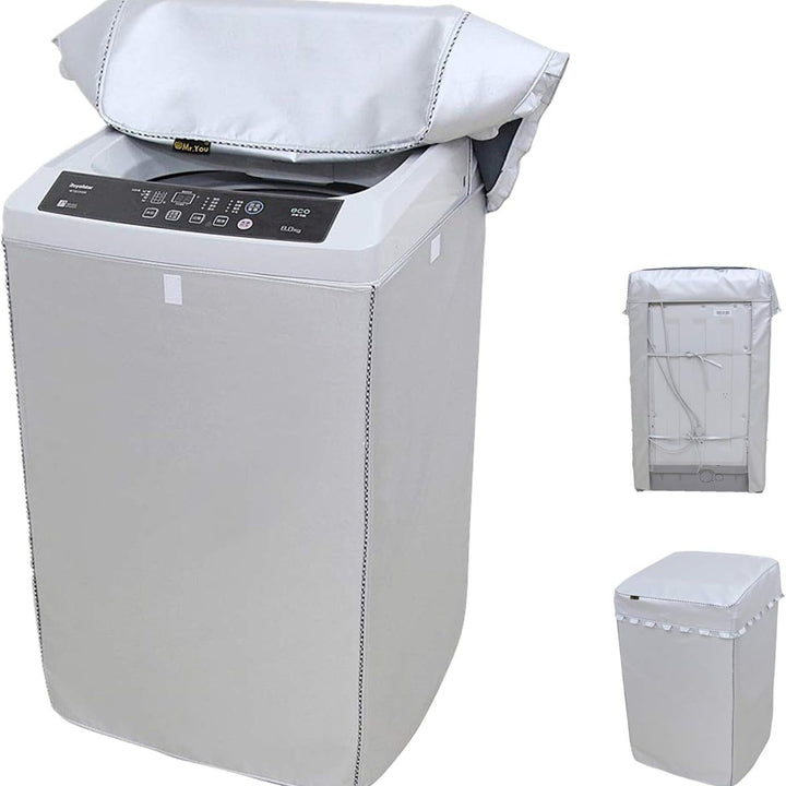 Funda para lavarropas carga superior impermeable color plata para proteger de polvo y agua en balcones y exteriores.