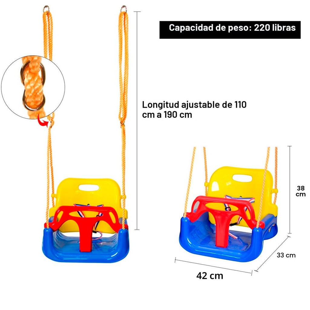 Hamaca colgante infantil multifunción de plástico resistente con cinturón de seguridad para niños hasta 50 kg.