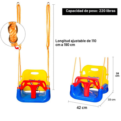 Hamaca colgante infantil multifunción de plástico resistente con cinturón de seguridad para niños hasta 50 kg.