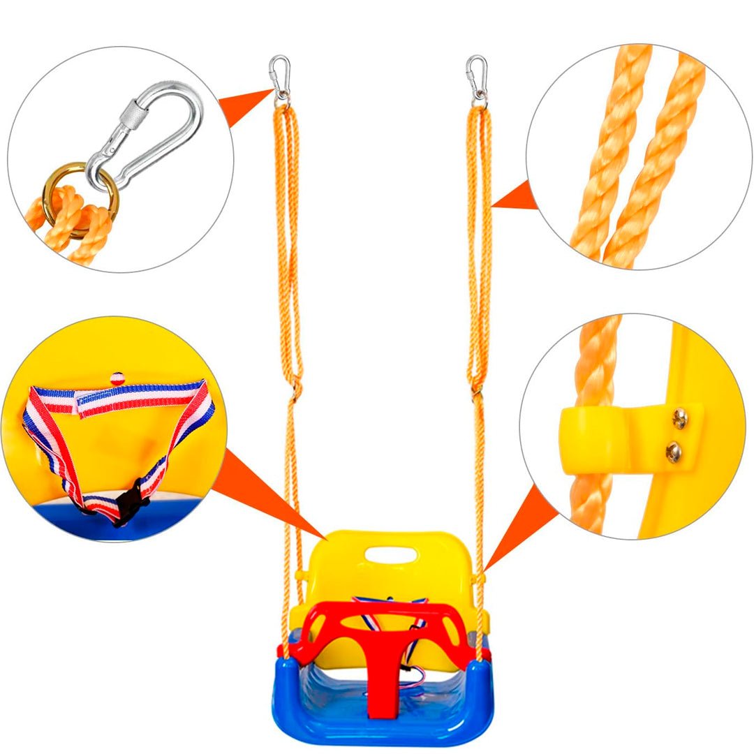 Hamaca colgante infantil multifunción de plástico resistente con cinturón de seguridad para niños hasta 50 kg.