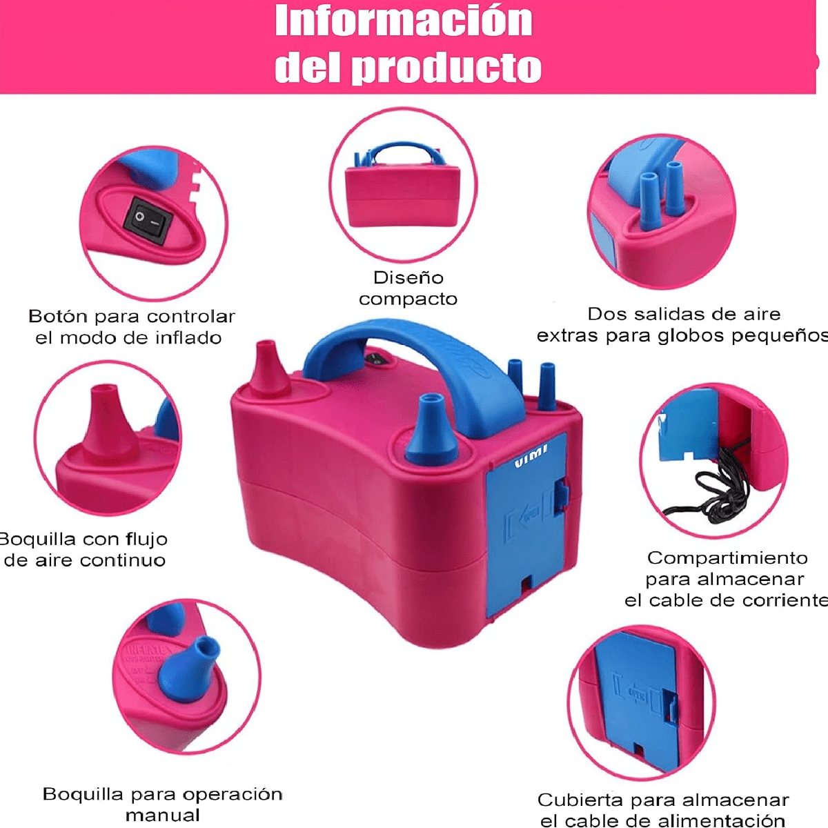 Inflador eléctrico de globos automático 600W con doble boquilla, 2 modos de funcionamiento y alimentación 220V.
