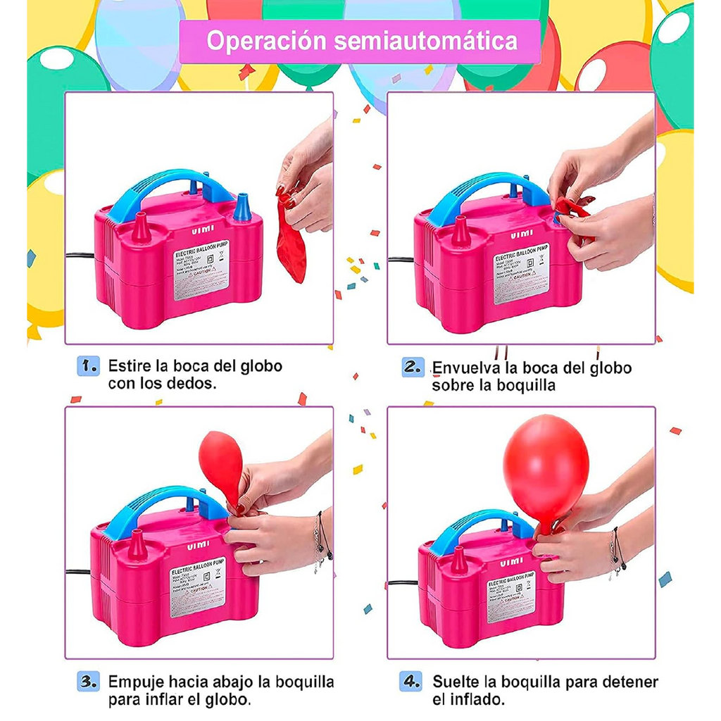 Inflador eléctrico de globos automático 600W con doble boquilla, 2 modos de funcionamiento y alimentación 220V.
