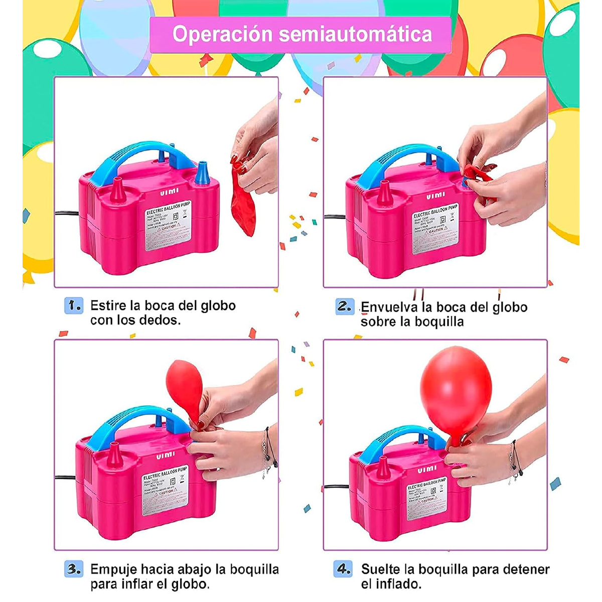 Inflador eléctrico de globos automático 600W con doble boquilla, 2 modos de funcionamiento y alimentación 220V.