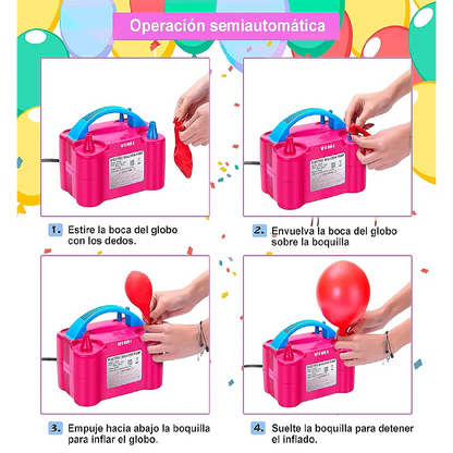 Inflador eléctrico de globos automático 600W con doble boquilla, 2 modos de funcionamiento y alimentación 220V.