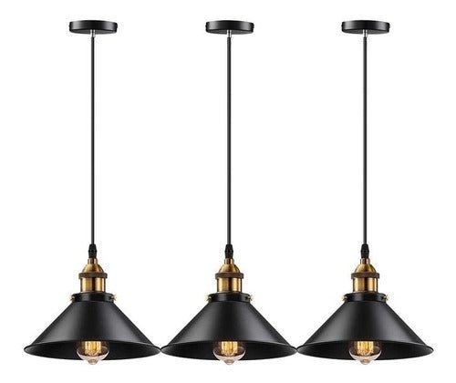 Pack de 3 lámparas colgantes negras de techo E27 con bombitas incluidas para iluminación moderna del hogar.