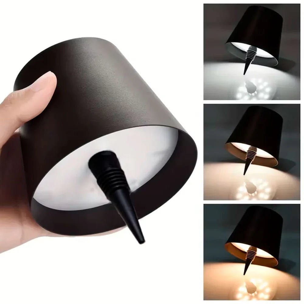 Lámpara LED para botella recargable con control táctil y tres tonos de luz para decoración de mesas y ambientes.