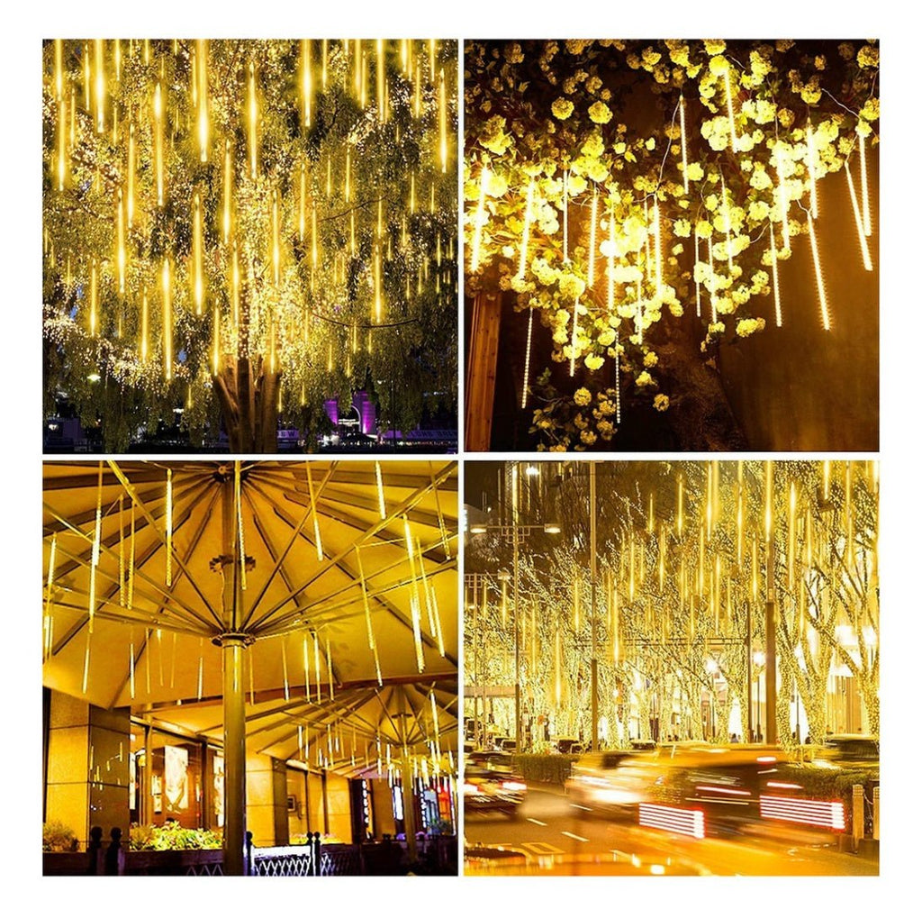Luces LED lluvia de meteoro con 8 tubos de 30cm y 192 LED para decoración de jardines, eventos y Navidad.