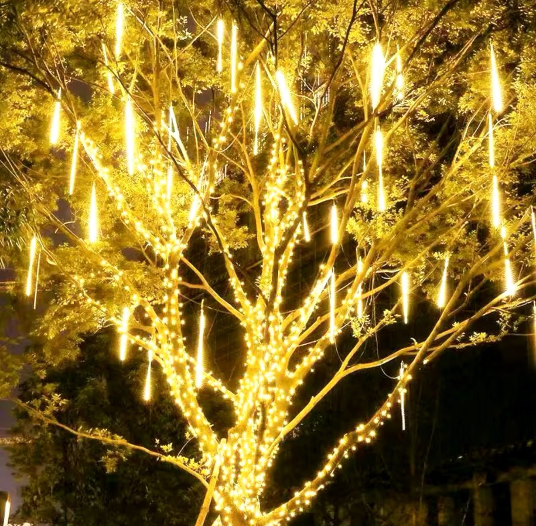 Luces LED lluvia de meteoro con 8 tubos de 30cm y 192 LED para decoración de jardines, eventos y Navidad.