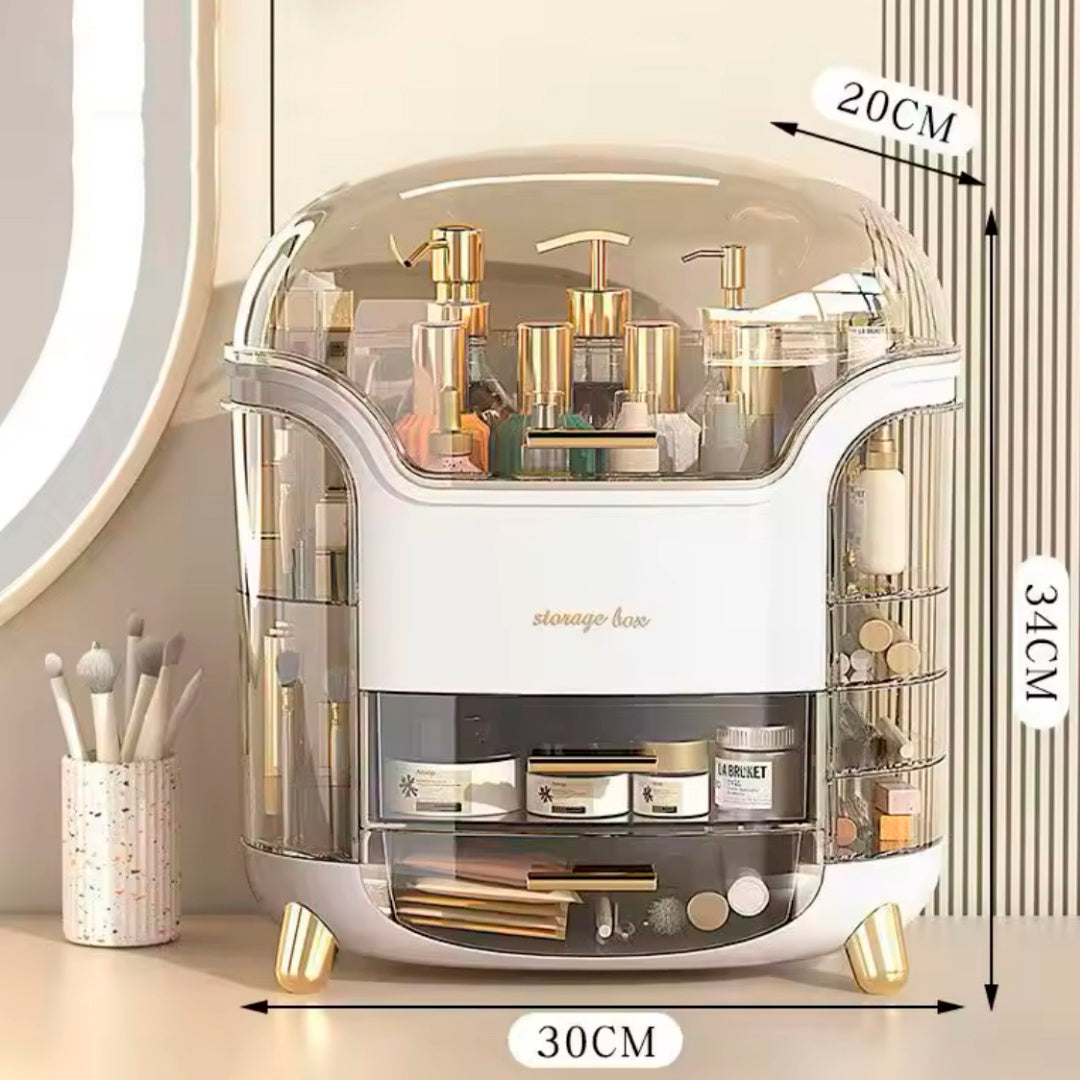Organizador de cosméticos con tapa transparente y múltiples compartimentos para maquillaje, perfumes y productos de belleza.
