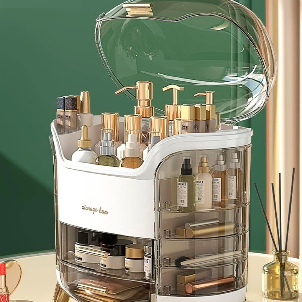 Organizador de cosméticos con tapa transparente y múltiples compartimentos para maquillaje, perfumes y productos de belleza.