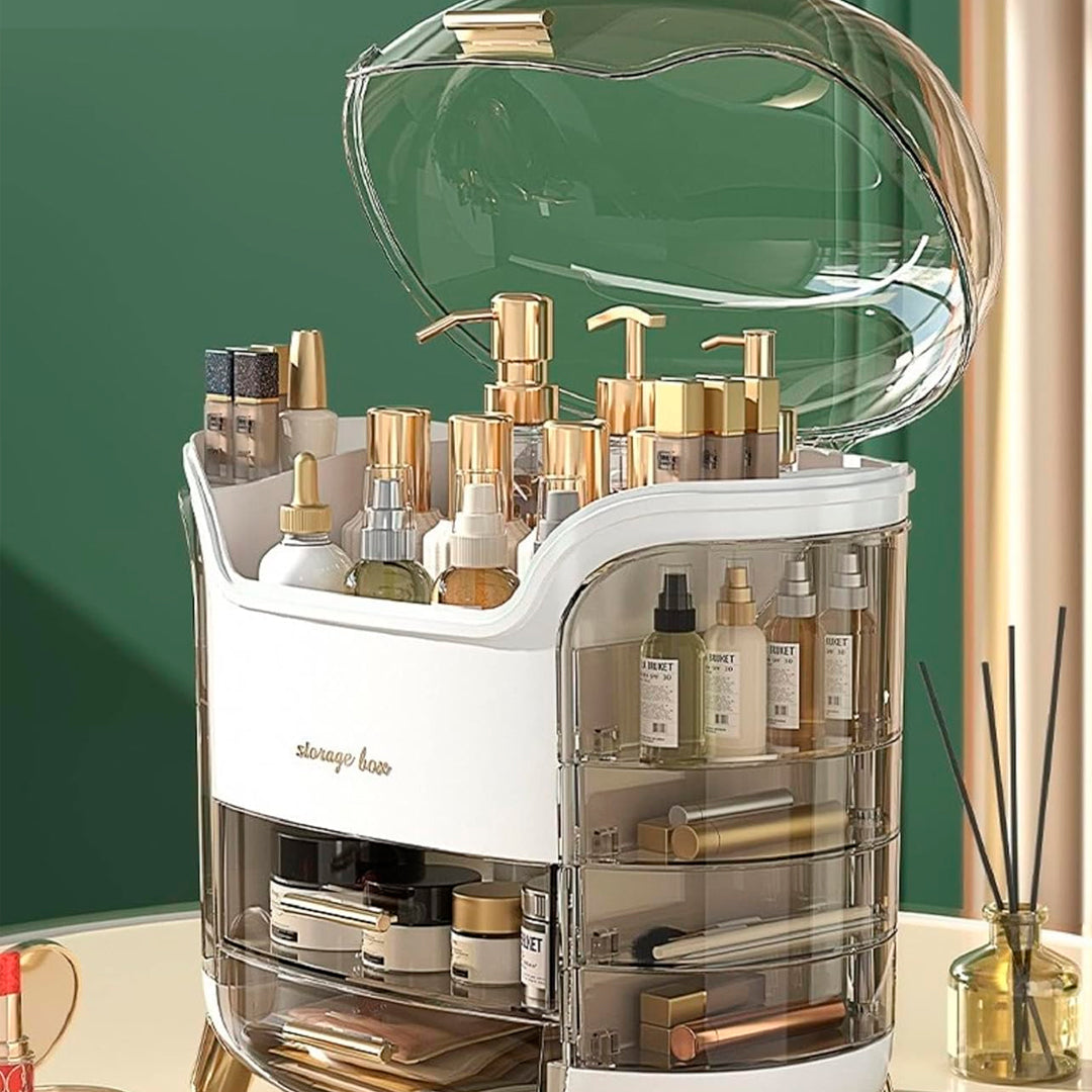 Organizador de cosméticos con tapa transparente y múltiples compartimentos para maquillaje, perfumes y productos de belleza.